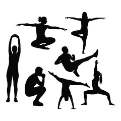 Silhouettes of people performing various yoga and acrobatic poses