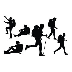 Silhouettes of hikers in various poses with backpacks and walking sticks