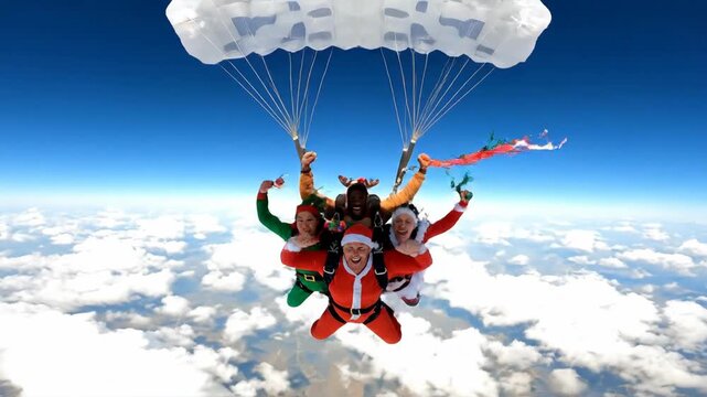 Four people skydiving in christmas costumes, a man in a santa suit and a woman as an elf, tandem jump for holiday fun, footage.