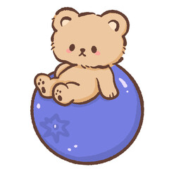 Adorable kawaii teddy bear relaxing on giant blueberry pastel dessert illustration cozy cute character for clipart stickers kids designs