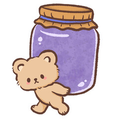Kawaii teddy bear carrying blueberry jam jar cute food illustration pastel dessert style adorable bear character for stickers prints clipart