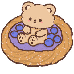 Kawaii teddy bear sitting in blueberry tart cute dessert illustration pastel bakery style sweet food art adorable bear character for stickers clipart