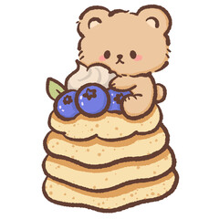 Kawaii teddy bear with blueberry pancake stack cute breakfast dessert illustration soft pastel food art adorable bear character for stickers clipart 