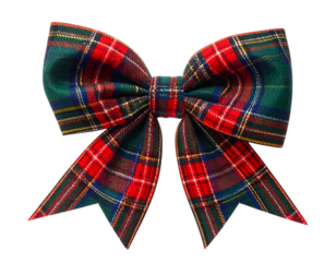 Vivid green, red, and blue tartan fabric bow against a black background