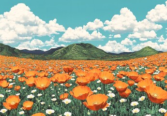 Vibrant orange poppy field with white flowers, green hills, and blue sky with fluffy clouds on a sunny day.