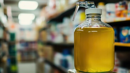 A large clear bottle containing yellow antiseptic solution with a spray dispenser attached sits on a shelf in a store