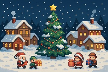 Pixel art winter village scene with christmas tree and santa claus characters in snowy holiday atmosphere. concept of festive celebration, retro digital art, nostalgic holiday magic
