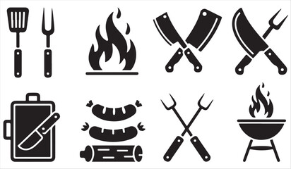 Obraz premium Outdoor grilling and barbecue icons in solid black style