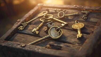A collection of antique and tarnished brass keys rests on a weathered wooden surface bathed in warm light