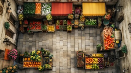 Fototapeta premium A top down view of a vibrant produce market with colorful displays