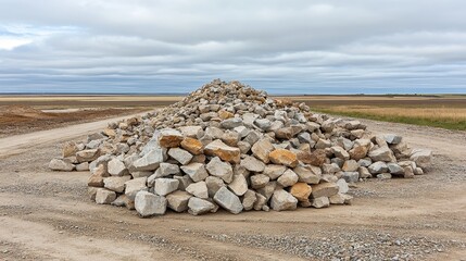 A large pile of unsorted raw stone materials forming an abstract shape on the ground outdoors under a cloudy sky