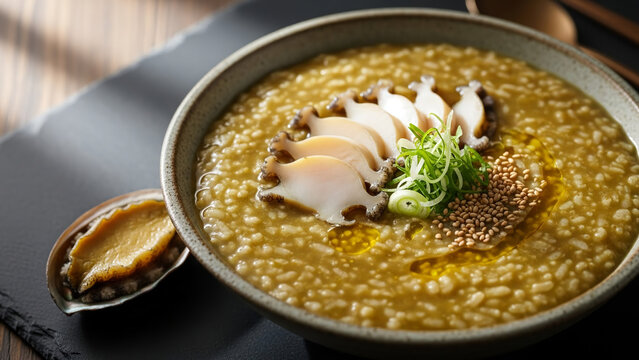 A Warm Bowl of Exquisite Korean Abalone Porridge, a Rich and Nutritious Seafood Delicacy, Presented with Fresh Sliced Abalone and Garnish on a Dark Background