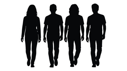 Four people walking in a row depicted as dark solid figures a striking silhouette © Juma