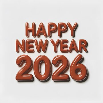 Happy New Year 2026 celebration with shiny brown text on white background