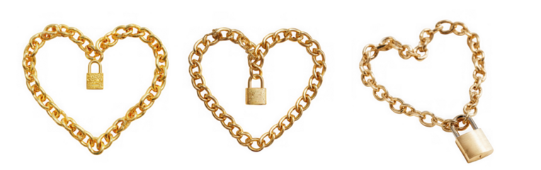 Three golden heart shaped chains with padlocks detailed design elements perfect for romantic themes on transparent background