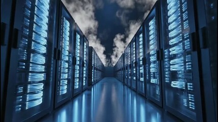 Cloud data center with glowing servers and dynamic cloud movement