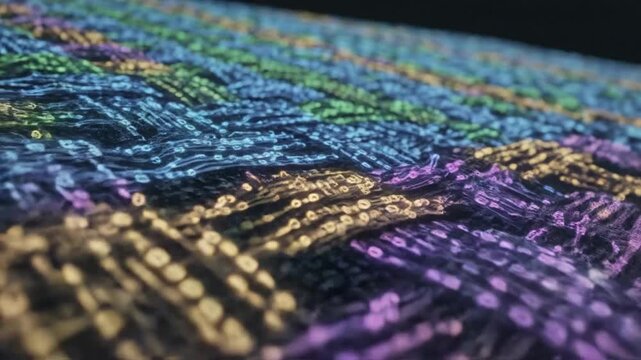 Abstract woven digital fabric texture with glowing binary code data streams