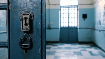 An old heavy steel industrial door with a prominent lock mechanism stands slightly ajar revealing a blue and grey tiled hallway and a large gridded window beyond