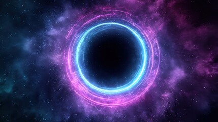 Naklejka premium A large purple and blue circle in space. The circle is surrounded by stars and is glowing. The image has a dreamy, otherworldly feel to it