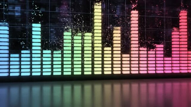 Colorful 3D digital audio equalizer bars moving to music rhythm with reflection on dark grid background