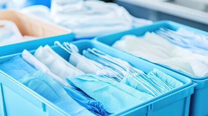 Blue trays holding sterile medical dressings and supplies for healthcare and wound care