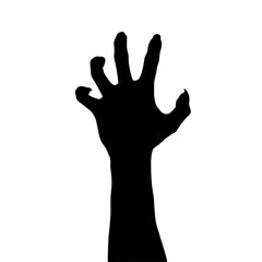 Fototapeta premium Black and white silhouette of a human hand reaching upward in darkness, evoking mystery, horror, help, or dramatic emotion. 