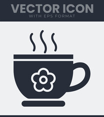 Minimalist graphic icon illustrating a steaming hot cup with a white flower design, set against a subtle light grey textured background