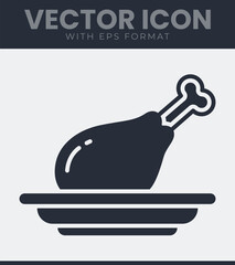 Roasted chicken leg drumstick with a visible bone resting on a simple round plate, depicted as a dark grey silhouette