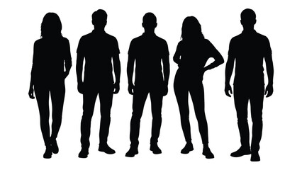 A group of five people standing together depicted in a striking black silhouette