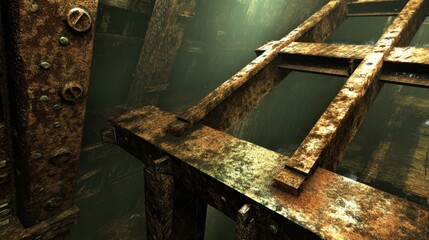 Close up of a heavily rusted and decayed metal industrial structure in a dark and dirty environment