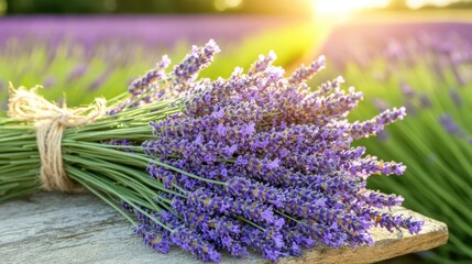 Naklejka premium Close up of a lavender bouquet with purple flowers in sunlight