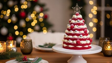 Red Velvet Christmas Tree Cake with Whipped Cream and Holiday Lights