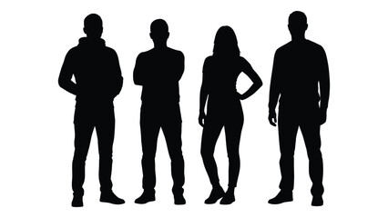 Four individuals standing together depicted as dark shapes against a white background silhouette