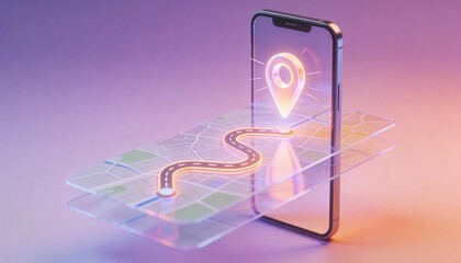 Smartphone displaying 3D map with delivery route and floating pin glassmorphism UI design on lavender background