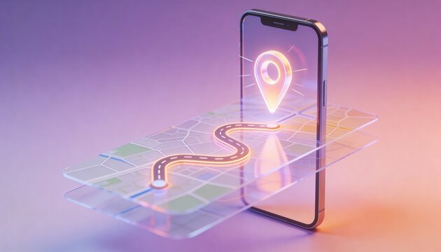 Smartphone displaying 3D map with delivery route and floating pin glassmorphism UI design on lavender background