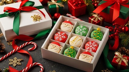Christmas Macaron Gift Box with Festive Holiday Decorations