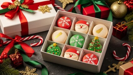 Christmas Macaron Gift Box with Festive Holiday Decorations