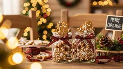 Handmade Christmas Cookies in Rustic Glass Jars with Festive Holiday Decor