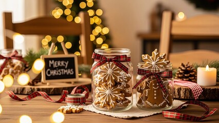 Handmade Christmas Cookies in Rustic Glass Jars with Festive Holiday Decor