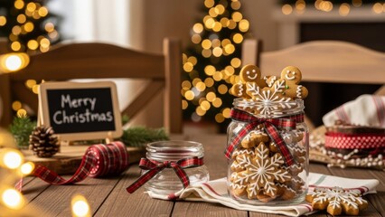 Handmade Christmas Cookies in Rustic Glass Jars with Festive Holiday Decor