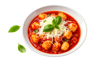 A white bowl of gnocchi in tomato sauce, topped with cheese and basil leaves