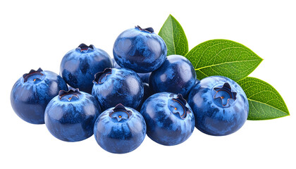 Pile of ripe, round berries with green leaves, isolated on a transparent background