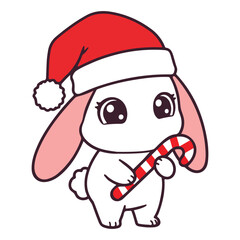 Cute cartoon bunny wearing a santa hat holding a candy cane