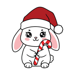 Cute christmas bunny wearing a santa hat holding a candy cane