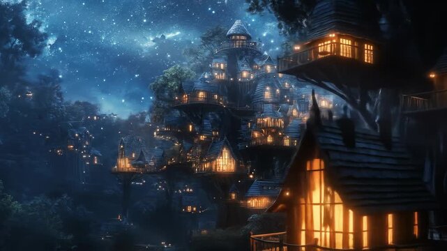 Fantasy treehouse illuminated against starry night sky