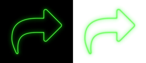 Curved green neon arrow pointing right on black and transparent backgrounds, bright directional outline icon for navigation and UI design