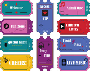 Vector Set Of Retro Ticket-Style Sign Labels for Events, Party Posters, Passes & Invitations.