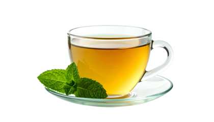 Clear glass teacup with golden tea, mint sprig on saucer, dark background