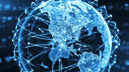 Futuristic blue digital earth rotating with global network connectivity lines and data exchange technology background - Powered by Adobe