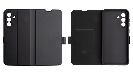 Black Folio Phone Case Wallet With Stand And Magnetic Closure isolated on a white background